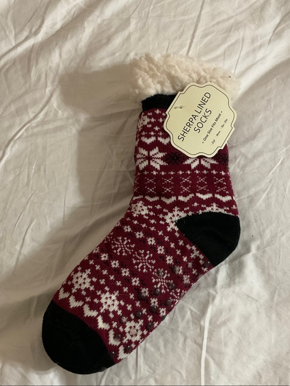 Sherpa-Lined Holiday Crew Socks - Burgundy/White